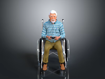 Elderly Man In Wheelchair Wearing Blue And White Plaid Shirt Khaki Pants Holding Device 3d model