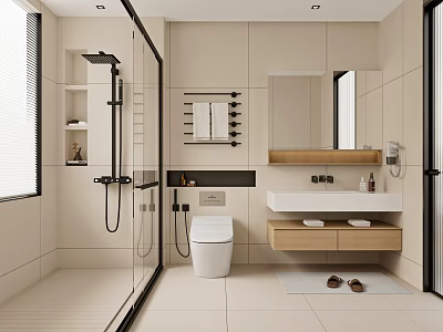 Modern Bathroom Interior Design With Glass Shower Enclosure Double Vanity Mirror And Light Tiles 3d model