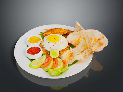 Plate of Assorted Food With Fried Chicken Fried Egg Prawn Crackers Tomato Lettuce And Sauces 3d model