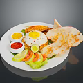 Plate of Assorted Food With Fried Chicken Fried Egg Prawn Crackers Tomato Lettuce And Sauces
