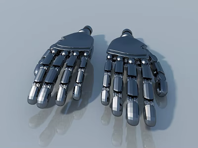 Shiny Metallic Robotic Hands With Articulated Fingers And Mechanical Joints On Gray Background 3d model