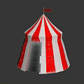 Red And White Striped Tent With Small Flag On Top Worn Appearance Dark Background
