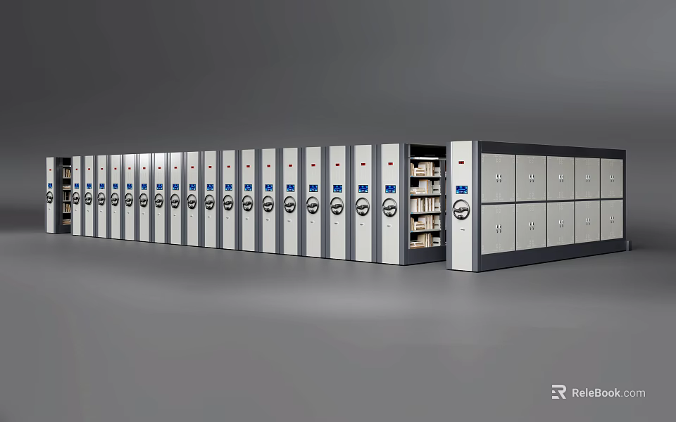 Metal Multiple Bookcase Arranged In Row With Locked Compartments And Storage Shelves 3d model