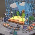 Cartoon Scene Setup With Blue Metal Frame Clouds Cacti Yellow Ground And Filming Props
