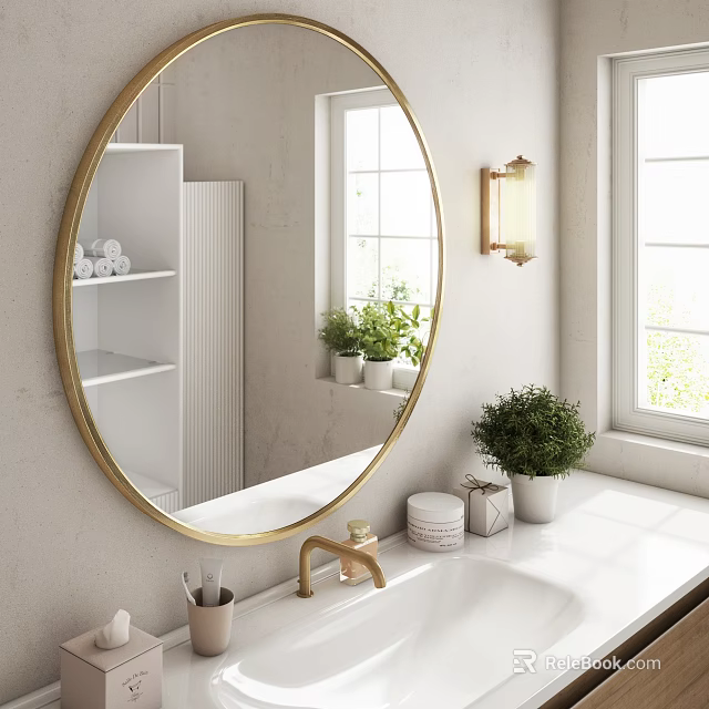 Stylish Round Gold Framed Bathroom Mirror with White Shelves Potted Plants And Gold Faucet 3d model 