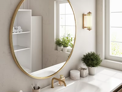 Stylish Round Gold Framed Bathroom Mirror with White Shelves Potted Plants And Gold Faucet 3d model