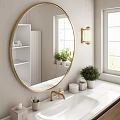 Stylish Round Gold Framed Bathroom Mirror with White Shelves Potted Plants And Gold Faucet