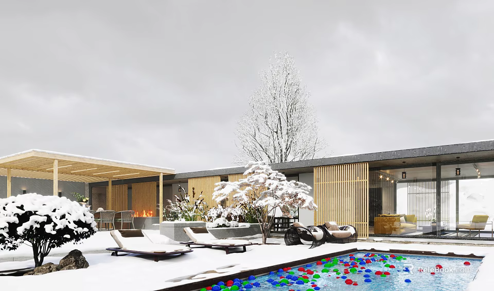 Snow Covered Outdoor Garden Landscape With Swimming Pool Colorful Floats Loungers And Wooden Pavilion 3d model 