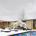 Snow Covered Outdoor Garden Landscape With Swimming Pool Colorful Floats Loungers And Wooden Pavilion