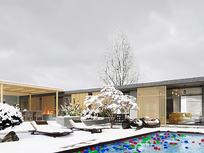 Snow Covered Outdoor Garden Landscape With Swimming Pool Colorful Floats Loungers And Wooden Pavilion 3d model