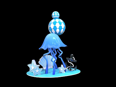 Ocean Themed Decorative Ornament With Blue Jellyfish Starfish Seashell Anchor And Patterned Balls 3d model