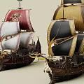 Classic Decorative Sailing Ships with Red White Black Gold Sails and Ornate Carvings