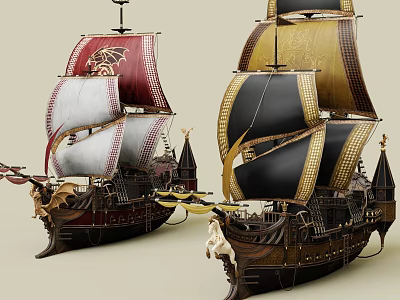 Classic Decorative Sailing Ships with Red White Black Gold Sails and Ornate Carvings 3d model