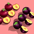 Fresh Deep Purple Plums Whole And Sliced With Green Leaves On Pink Background