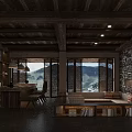 Hotel Public Lounge Area With Wooden Ceiling Stone Wall And Mountain View Through Large Windows