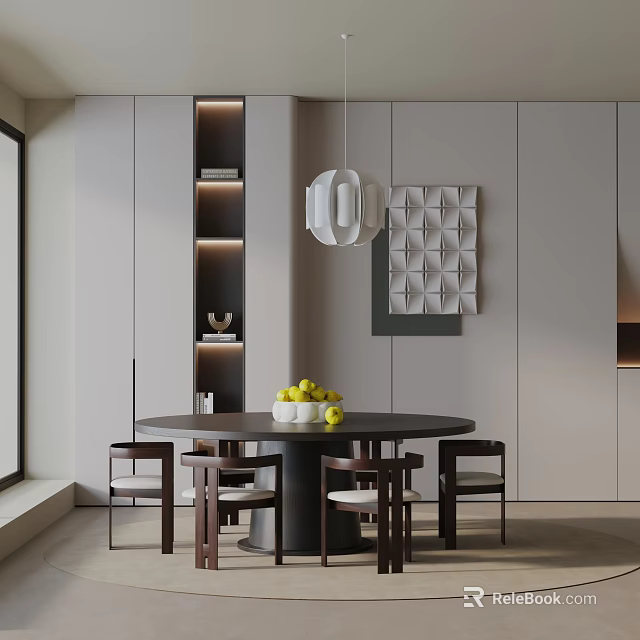 Modern Round Dining Table Set With Wooden Chairs Pendant Light Decorative Panel And Fruit Bowl 3d model 