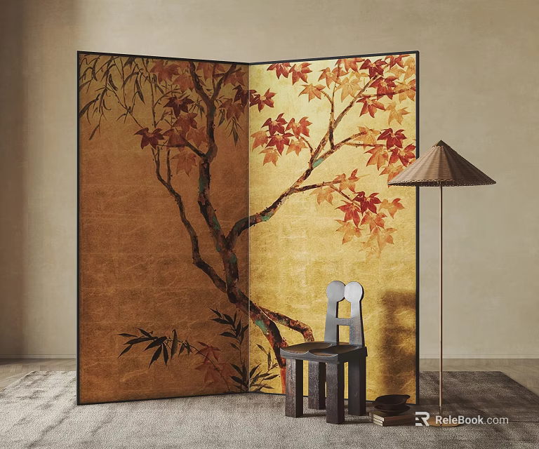 Oriental Folding Screen With Maple Tree Bamboo In Home Interior 3d model