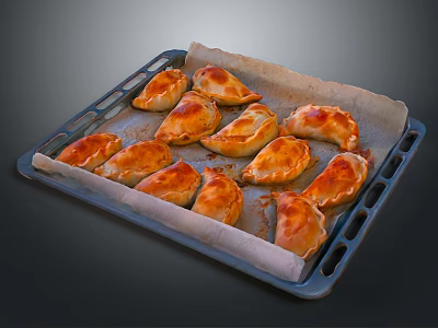 Golden Brown Baked Dumplings Arranged On Parchment Lined Baking Tray 3d model