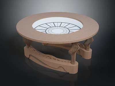 Circular Dining Table With Transparent Center Featuring Radial Pattern And Carved Artistic Legs 3d model