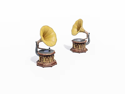 Two Vintage Gramophones With Yellow Horns And Decorative Wooden Bases 3d model