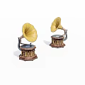 Two Vintage Gramophones With Yellow Horns And Decorative Wooden Bases