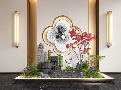 Chinese Style Garden Ornament With Rockery Red Maple Leaves Stone Lantern And Ink Painting 3d model