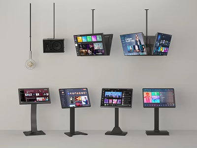 Modern Entertainment Electronics Featuring Hanging TVs Floor Standing Displays Smart Speakers And Colorful Screens 3d model
