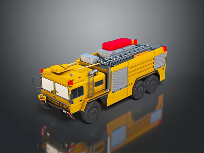 Yellow Fire Truck With Red Top Equipment And Multiple Wheels 3D Rendering 3d model