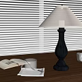 Wooden Table With Open Book Coffee Cup Table Lamp And Window Blinds