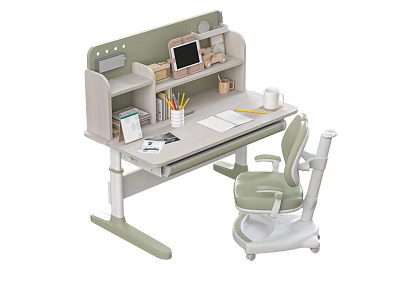 Adjustable Height Kids Study Desk With Shelf Matching Chair And Stationery 3d model