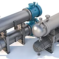 Industrial Equipment With Multiple Tubular Metal Units Blue Silver Components And Support Frames
