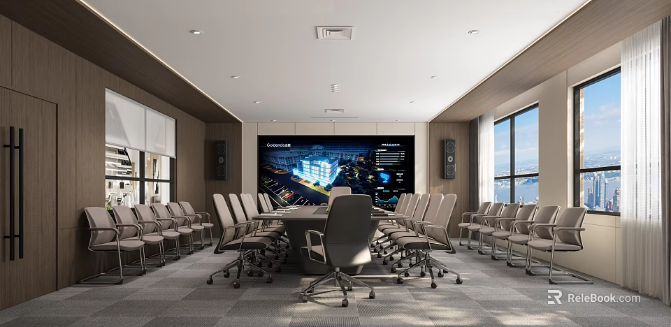 Modern Conference Room With Large Screen Conference Table And Multiple Chairs 3d model