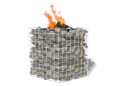 Outdoor Fire Pit Made With Stacked Stones And Metal Wire Frame With Burning Flames Inside 3d model