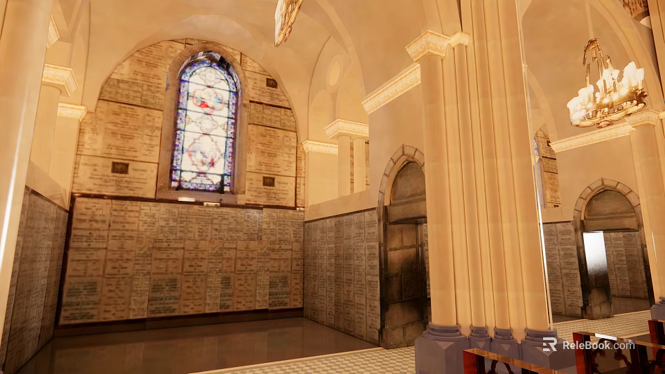 Sacred Church Interior With Stained Glass Window Arched Structures And Memorial Walls 3d model 