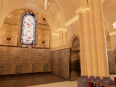 Sacred Church Interior With Stained Glass Window Arched Structures And Memorial Walls 3d model