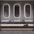 Modern Public Restroom Design With Three Oval Mirrors Marble Vanity And Gender Signs