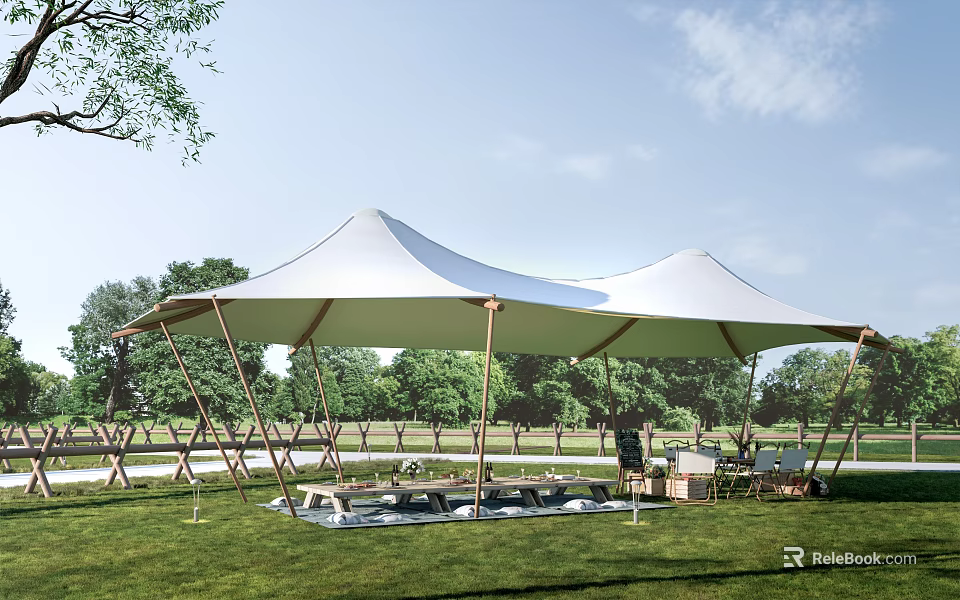 White Tensile Membrane Outdoor Pavilion Structure with Grass Trees and Leisure Tables Chairs 3d model 
