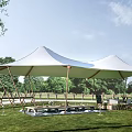 White Tensile Membrane Outdoor Pavilion Structure with Grass Trees and Leisure Tables Chairs