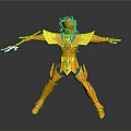 Golden Armored Character With Blue Hair Posing With Spear And Outstretched Arms