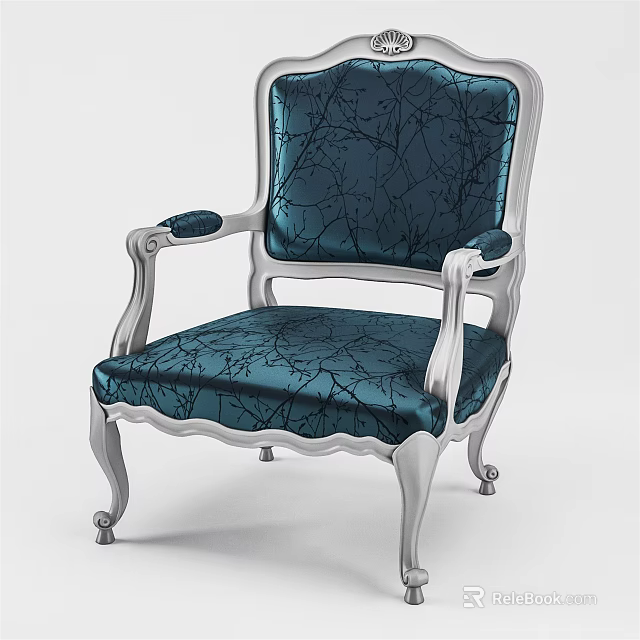 Elegant Blue Fabric Dining Chair With Silver Carved Legs And Armrests 3d model 
