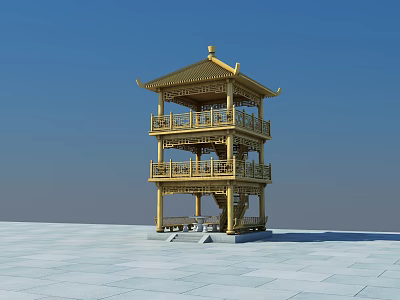 Three Story Golden Chinese Traditional Pavilion With Balconies And Blue Sky Background 3d model
