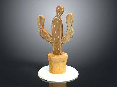 Decorative Ornament Set with Wooden Cactus Figure in Wooden Pot on White Base 3d model