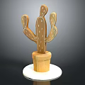 Decorative Ornament Set with Wooden Cactus Figure in Wooden Pot on White Base