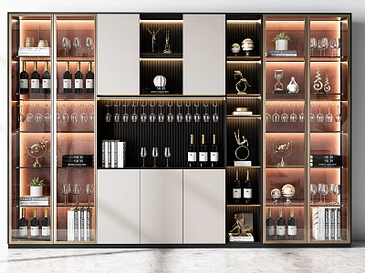 Modern Wine Cabinet Interior Design With Wine Bottles Wine Glasses Decorative Items And Lighting 3d model
