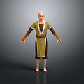 Bald Man in Long Sleeved Green and Brown Robe with Outstretched Arms on Gray Background
