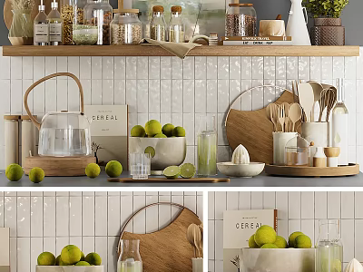Stylish Kitchen Utensils With Wooden Cutting Board Limes Glass Jars And White Tiled Background 3d model