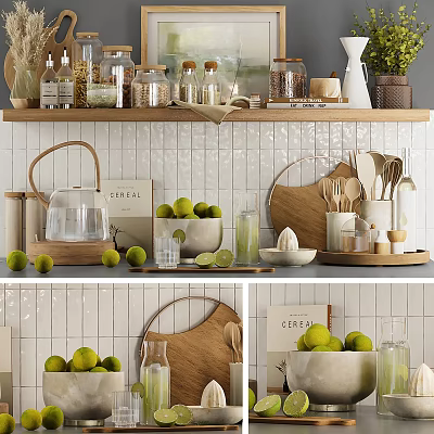 Stylish Kitchen Utensils With Wooden Cutting Board Limes Glass Jars And White Tiled Background 3d model