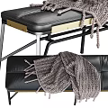 Stylish Black Leather Bench With Wooden Frame Metal Legs And Knit Blanket