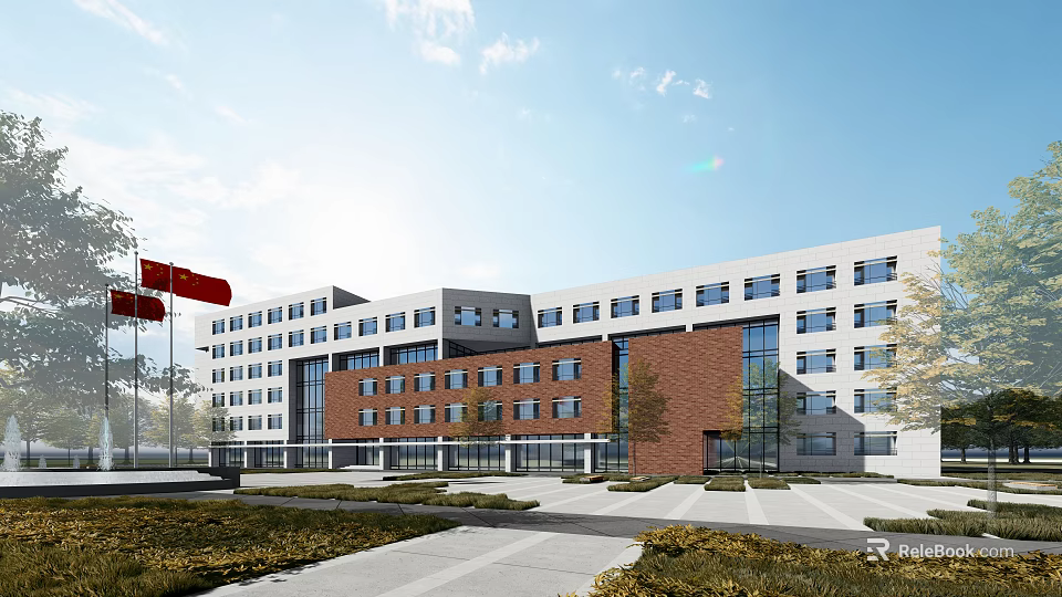 Modern Multi Storey Office Building With Red Brick And White Facade Landscaped Square And Greenery 3d model 