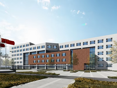Modern Multi Storey Office Building With Red Brick And White Facade Landscaped Square And Greenery 3d model